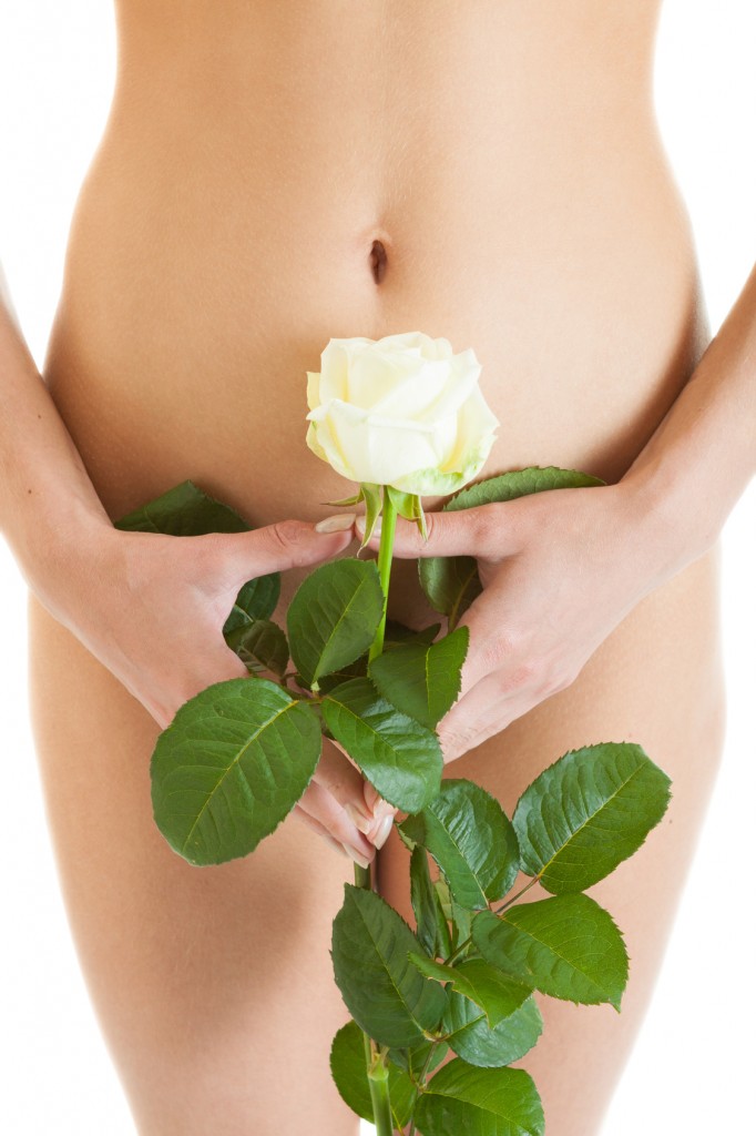 slim female body with white rose in her hands